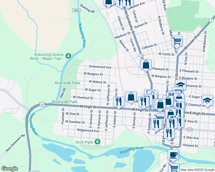 map of restaurants, bars, coffee shops, grocery stores, and more near 205 North Jefferson Street in Mount Vernon