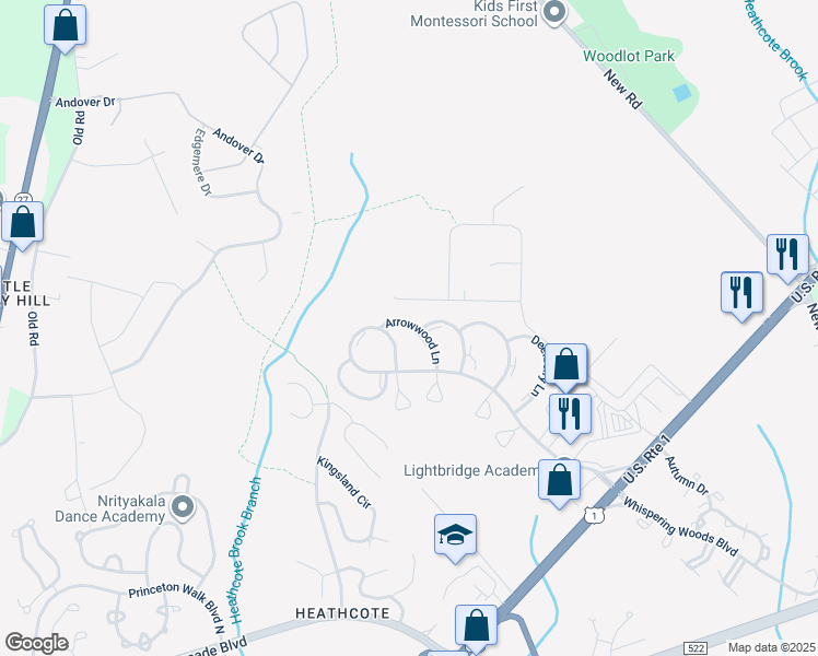 map of restaurants, bars, coffee shops, grocery stores, and more near 33 Arrowwood Lane in South Brunswick Township