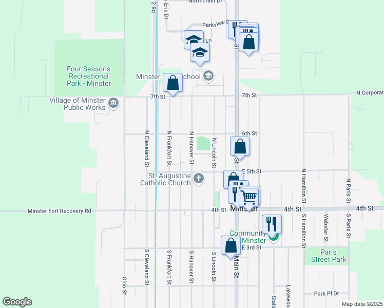 map of restaurants, bars, coffee shops, grocery stores, and more near North Hanover Street in Minster