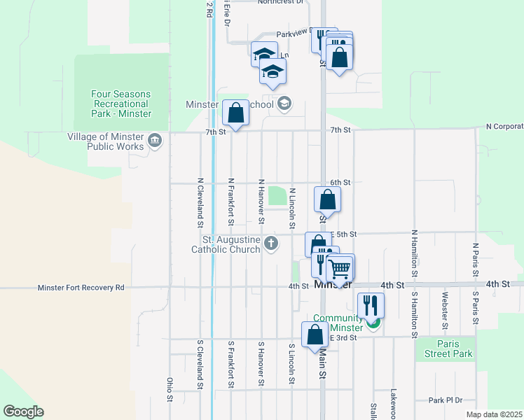 map of restaurants, bars, coffee shops, grocery stores, and more near North Hanover Street in Minster