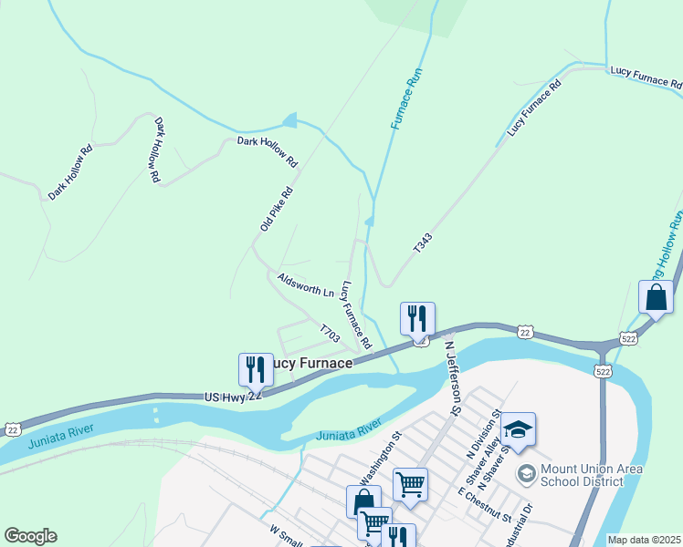 map of restaurants, bars, coffee shops, grocery stores, and more near 111 Lucy Furnace Road in Mount Union