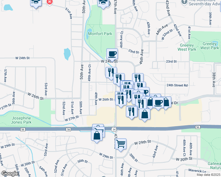 map of restaurants, bars, coffee shops, grocery stores, and more near 4750 West 25th Street in Greeley