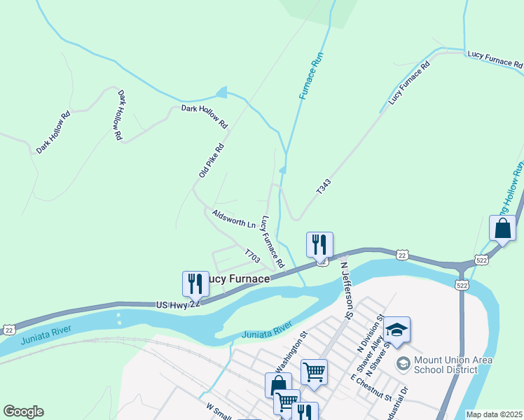 map of restaurants, bars, coffee shops, grocery stores, and more near 111 Lucy Furnace Road in Mount Union