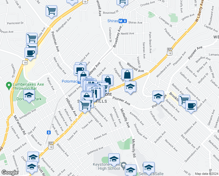 map of restaurants, bars, coffee shops, grocery stores, and more near in Dormont