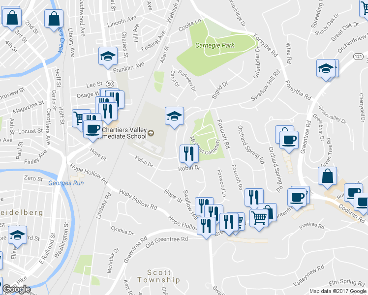 map of restaurants, bars, coffee shops, grocery stores, and more near 2050 Swallow Hill Court in Pittsburgh