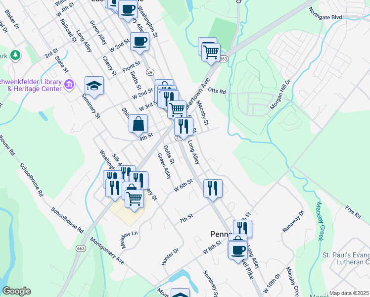 map of restaurants, bars, coffee shops, grocery stores, and more near 520 Main Street in Pennsburg
