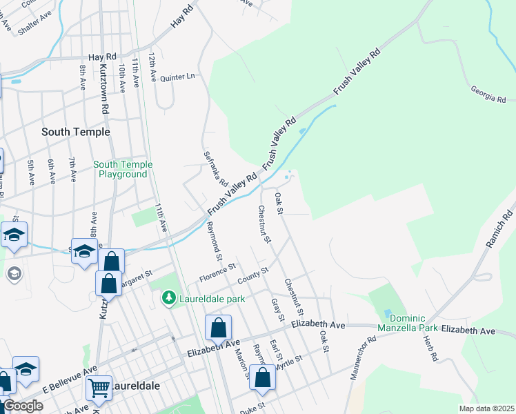 map of restaurants, bars, coffee shops, grocery stores, and more near 3626 Chestnut Street in Laureldale