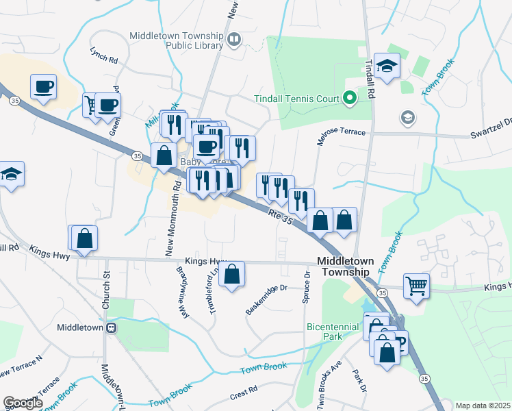 map of restaurants, bars, coffee shops, grocery stores, and more near 395 Kings Highway East in Monmouth County