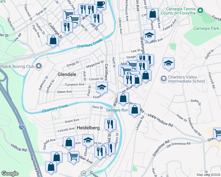 map of restaurants, bars, coffee shops, grocery stores, and more near 709 Carothers Avenue in Carnegie
