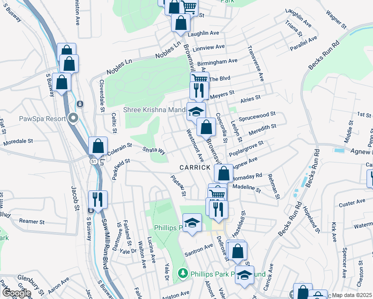 map of restaurants, bars, coffee shops, grocery stores, and more near 119 Newett Street in Pittsburgh