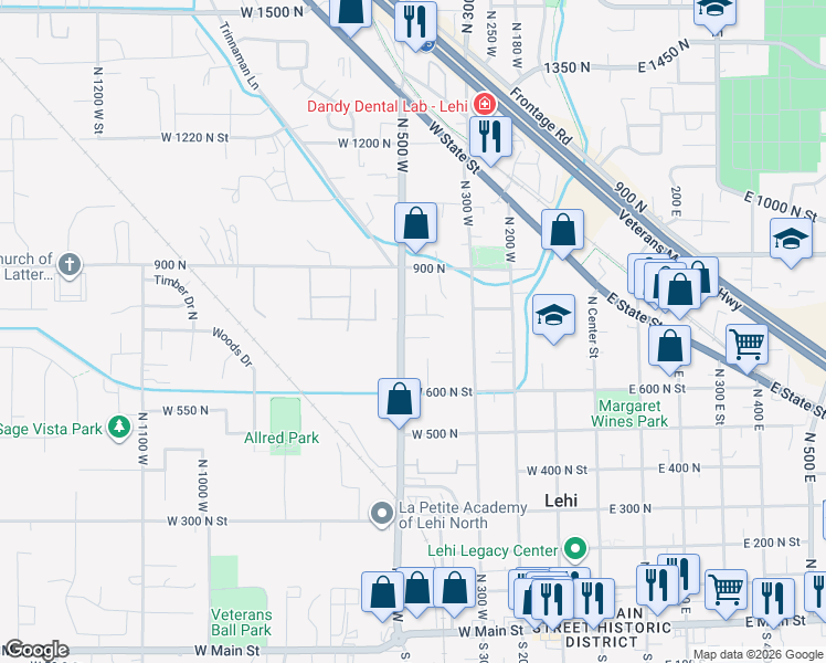 map of restaurants, bars, coffee shops, grocery stores, and more near 476 750 North in Lehi