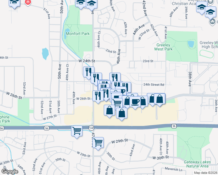 map of restaurants, bars, coffee shops, grocery stores, and more near 2510 47th Avenue in Greeley