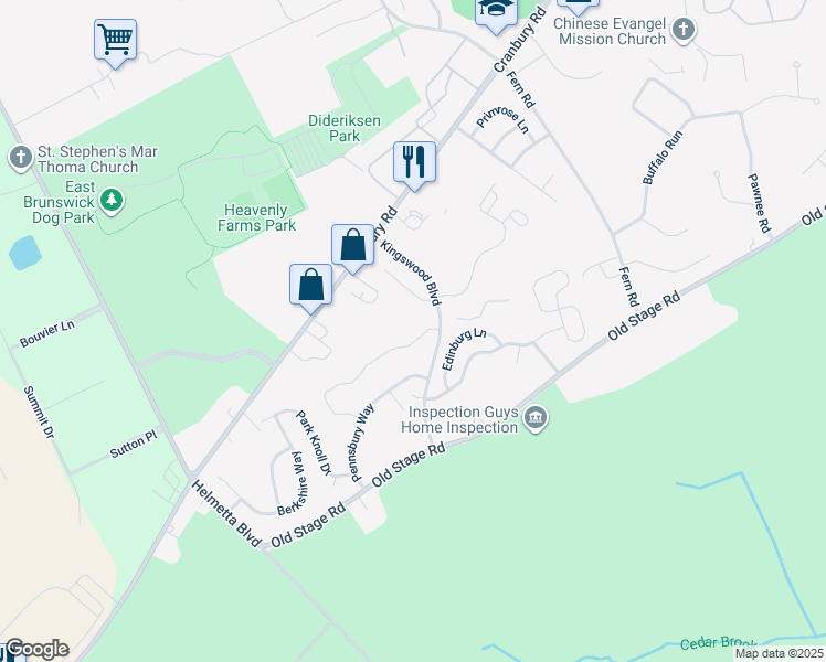 map of restaurants, bars, coffee shops, grocery stores, and more near 404 Cypress Lane in East Brunswick