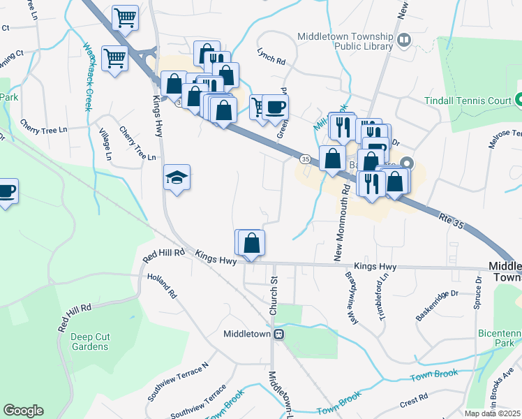map of restaurants, bars, coffee shops, grocery stores, and more near 28 The Lenape Trail in Middletown