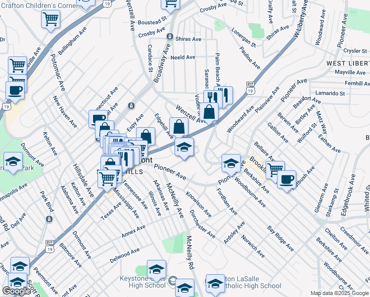 map of restaurants, bars, coffee shops, grocery stores, and more near 2734 Amman Street in Pittsburgh