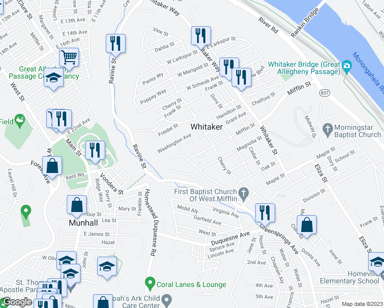 map of restaurants, bars, coffee shops, grocery stores, and more near 238 Mifflin Street in Homestead