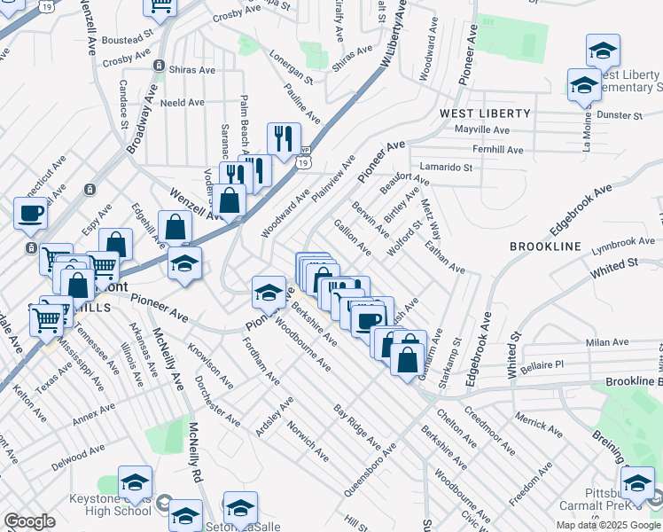 map of restaurants, bars, coffee shops, grocery stores, and more near 537 Bellaire Ave in Pittsburgh