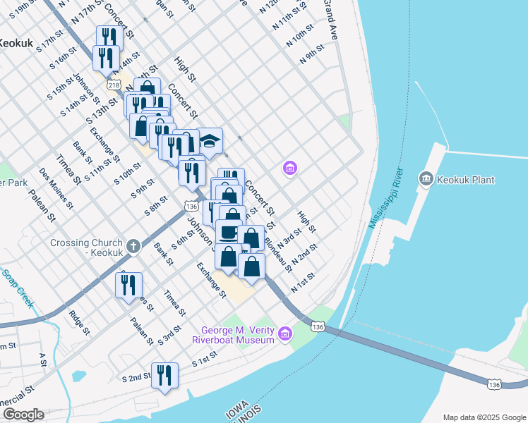 map of restaurants, bars, coffee shops, grocery stores, and more near 111 N 5th St in Keokuk