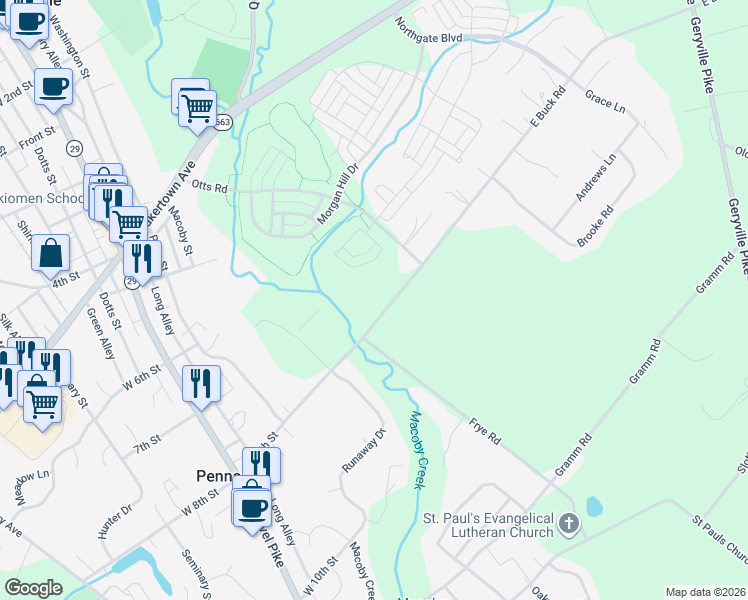 map of restaurants, bars, coffee shops, grocery stores, and more near 2229 East Buck Road in Pennsburg