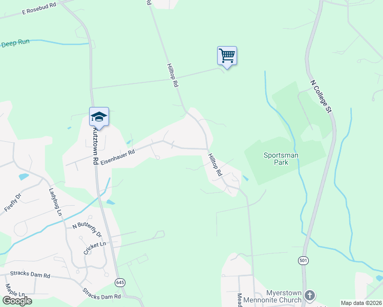 map of restaurants, bars, coffee shops, grocery stores, and more near 68 Eisenhauer Road in Myerstown