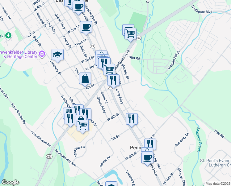map of restaurants, bars, coffee shops, grocery stores, and more near 520 Main Street in Pennsburg