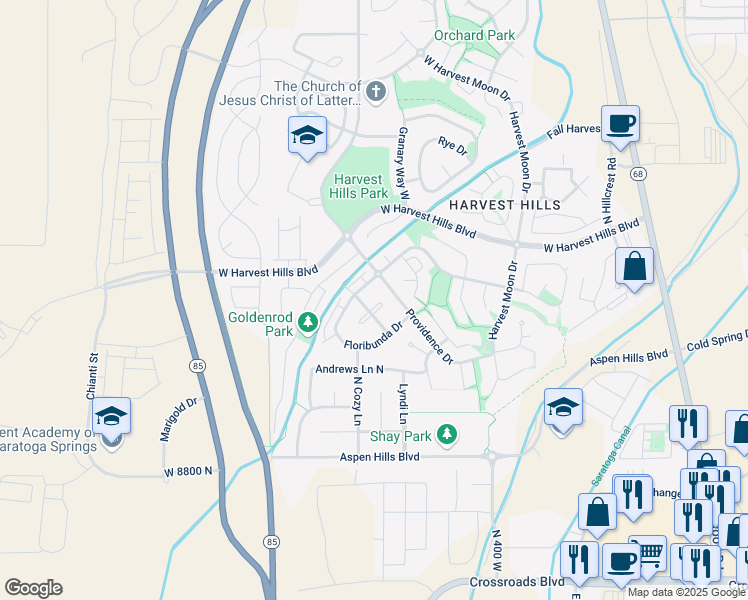map of restaurants, bars, coffee shops, grocery stores, and more near 518 Tea Rose Court in Saratoga Springs