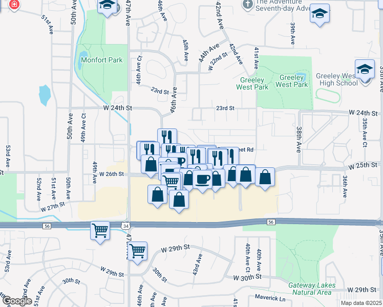 map of restaurants, bars, coffee shops, grocery stores, and more near 4430 24th Street Road in Greeley