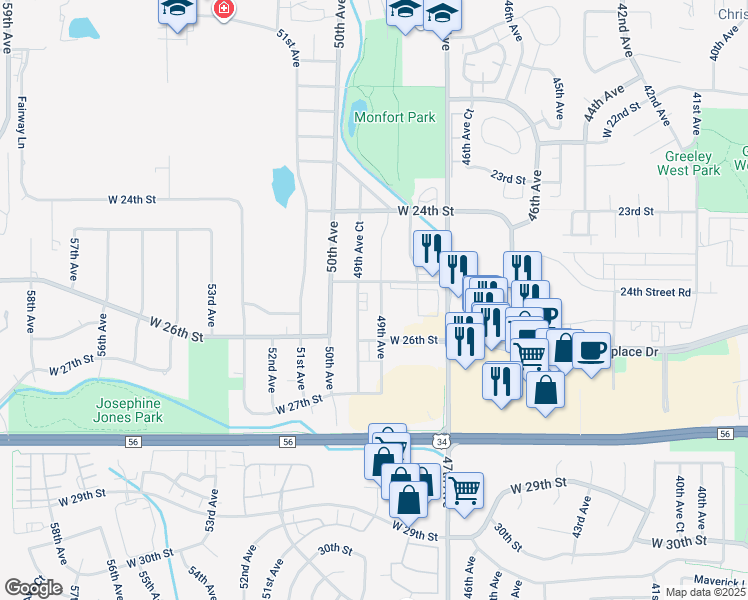 map of restaurants, bars, coffee shops, grocery stores, and more near 2512b 49th Avenue Court in Greeley