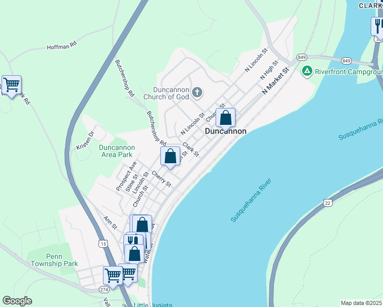 map of restaurants, bars, coffee shops, grocery stores, and more near 520 North High Street in Duncannon