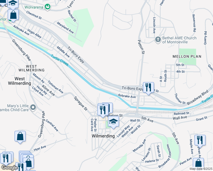 map of restaurants, bars, coffee shops, grocery stores, and more near 534 Middle Avenue in Wilmerding