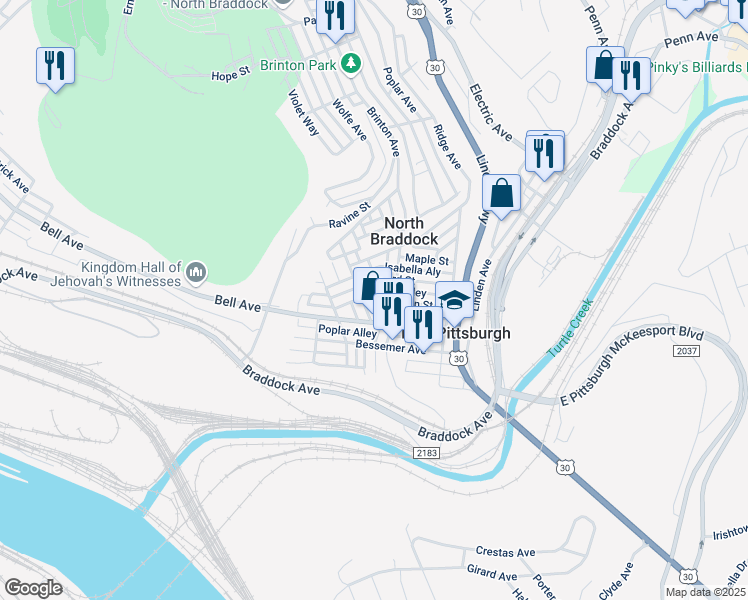 map of restaurants, bars, coffee shops, grocery stores, and more near 408 Franklin Street in East Pittsburgh