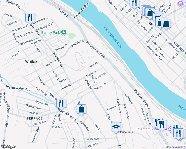 map of restaurants, bars, coffee shops, grocery stores, and more near 722 Maple Street in West Mifflin