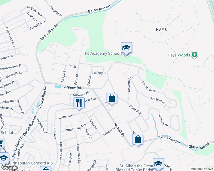 map of restaurants, bars, coffee shops, grocery stores, and more near 738 Agnew Road in Pittsburgh