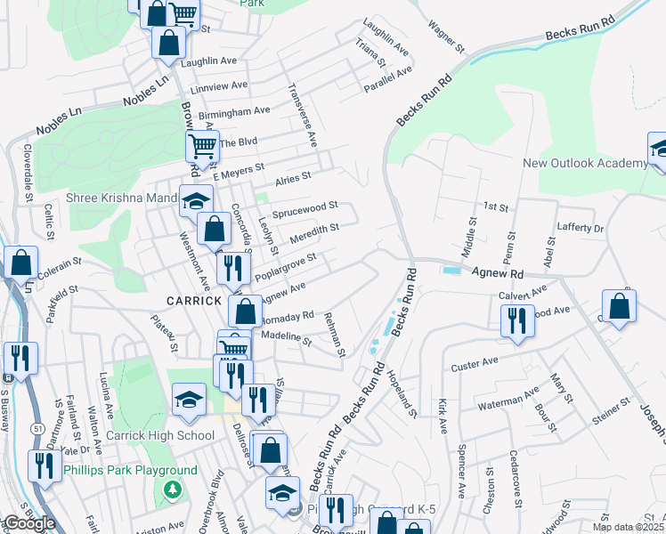 map of restaurants, bars, coffee shops, grocery stores, and more near 237 East Agnew Avenue in Pittsburgh