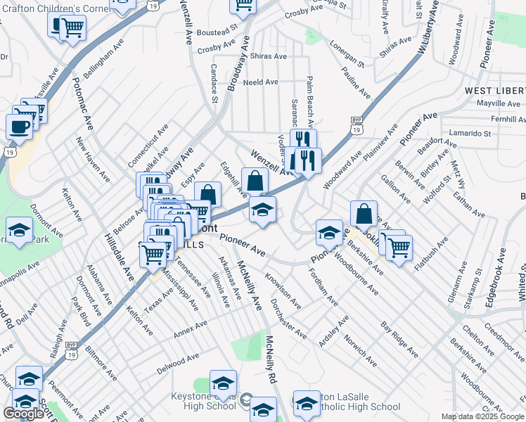 map of restaurants, bars, coffee shops, grocery stores, and more near 2734 Amman Street in Pittsburgh