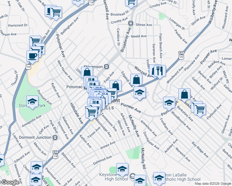 map of restaurants, bars, coffee shops, grocery stores, and more near in Dormont