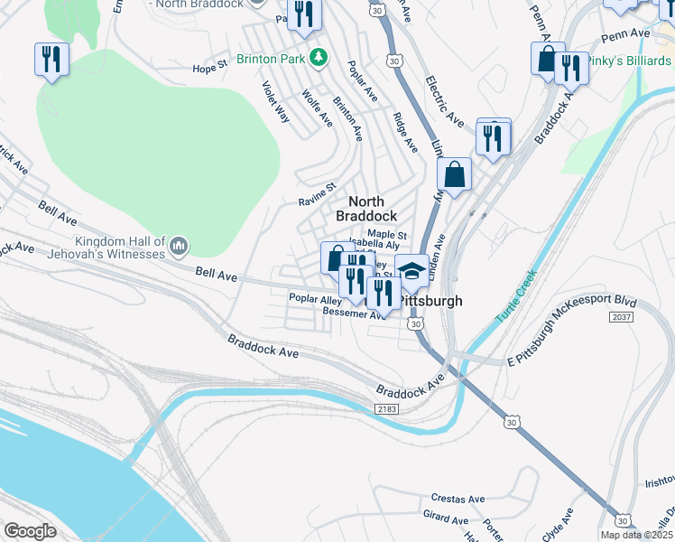 map of restaurants, bars, coffee shops, grocery stores, and more near 408 Franklin Street in East Pittsburgh