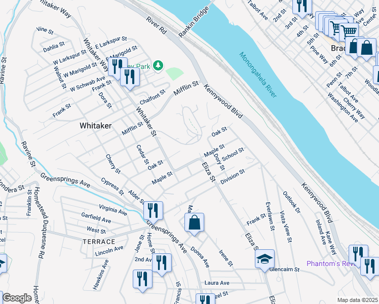 map of restaurants, bars, coffee shops, grocery stores, and more near 11h Midway Drive in West Mifflin