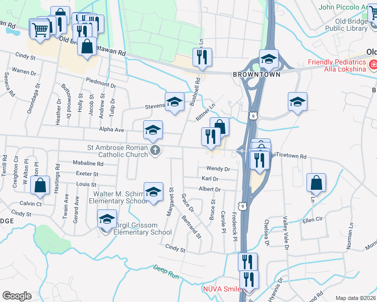 map of restaurants, bars, coffee shops, grocery stores, and more near 49 Throckmorton Lane in Old Bridge