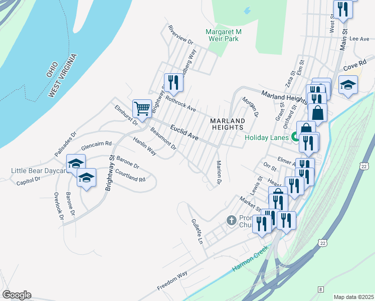 map of restaurants, bars, coffee shops, grocery stores, and more near 3825 Beaumont Dr in Weirton