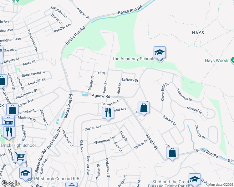 map of restaurants, bars, coffee shops, grocery stores, and more near 629 Agnew Road in Pittsburgh