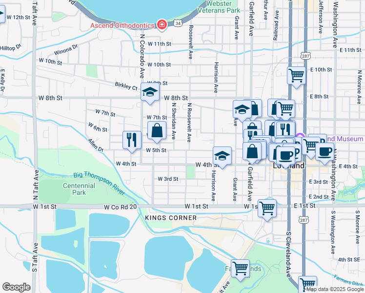 map of restaurants, bars, coffee shops, grocery stores, and more near 521 West 5th Street in Loveland