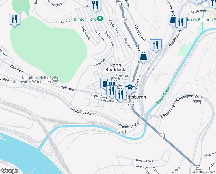 map of restaurants, bars, coffee shops, grocery stores, and more near 408 Franklin Street in East Pittsburgh