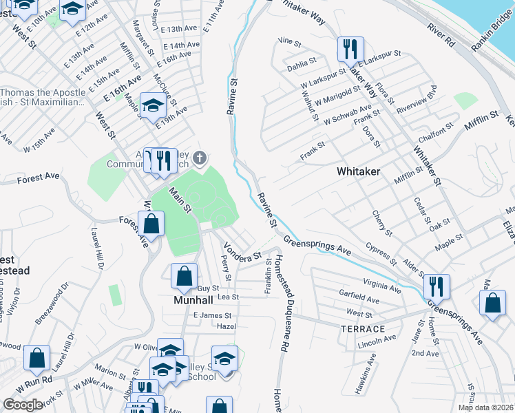 map of restaurants, bars, coffee shops, grocery stores, and more near 1372 Ravine Street in Munhall