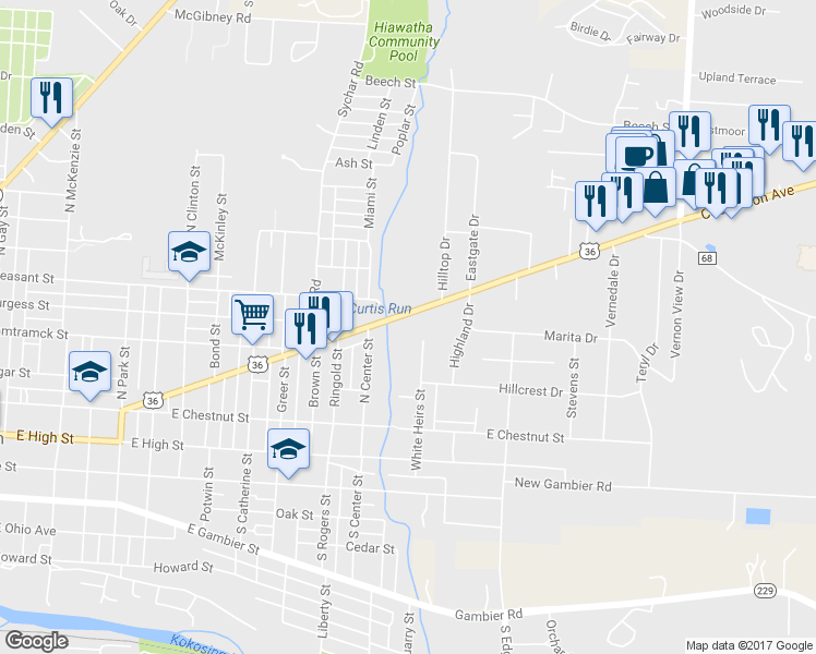 map of restaurants, bars, coffee shops, grocery stores, and more near 612 Coshocton Avenue in Mount Vernon