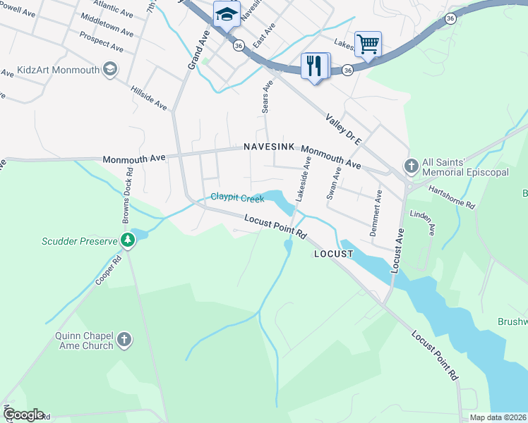 map of restaurants, bars, coffee shops, grocery stores, and more near 613 Locust Point Road in Rumson
