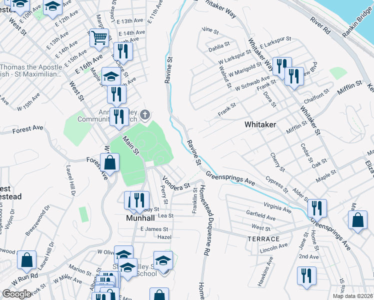 map of restaurants, bars, coffee shops, grocery stores, and more near 1372 Ravine St in Munhall