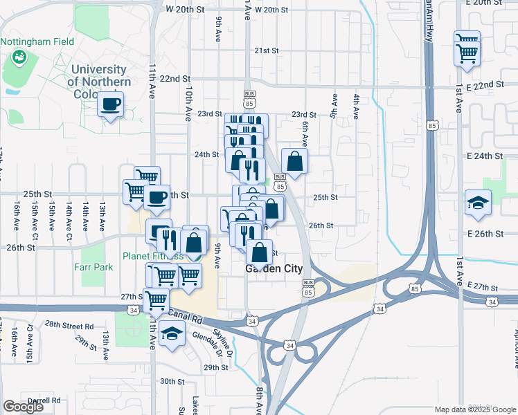 map of restaurants, bars, coffee shops, grocery stores, and more near 2520 8th Avenue in Garden City