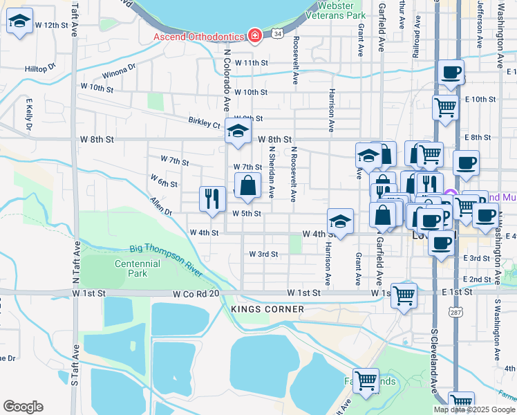 map of restaurants, bars, coffee shops, grocery stores, and more near 617 West 5th Street in Loveland