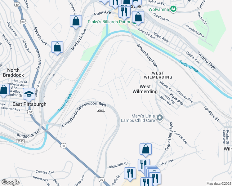 map of restaurants, bars, coffee shops, grocery stores, and more near 206 Spring Street in North Versailles